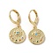 Flat Round with Eye Real 18K Gold Plated Brass Dangle Leverback Earrings, with Cubic Zirconia, Colorful, 27.5x13mm