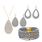 Textured Imitation Leather Teardrop Pendant Necklace & Dangle Earrings & Multi-Strand Bracelet, Golden Alloy Jewelry Set for Women, Light Grey, 850mm, 78x37mm, 80x39mm, 192mm In Diameter