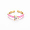 Brass Enamel Cuff Rings, Open Rings, Solitaire Rings, with Clear Cubic Zirconia, Nickel Free, Heart, Golden, Pearl Pink, US Size 7(17.3mm)