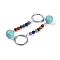 Synthetic Turquoise Round Beaded Keychain, with Iron Rings, 95~96mm