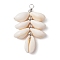 Natural Cowrie Shell Color-Changing Cluster Pendants, with Brass Beads and Copper Wire Loops, Platinum, 45.5~46.5x28.5~29.5x9.5~10.5mm, Hole: 3~3.5mm