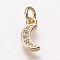 Brass Cubic Zirconia Pendants, Moon Charms, Golden, 9.5x5x2mm, Hole: 3mm