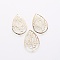 Iron Filigree Pendants, Teardrop, Golden, 20x14x0.5mm, Hole: 1.4mm