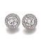 Brass Micro Pave Clear Cubic Zirconia Shank Buttons, Flat Round, Platinum, 10x7mm, Hole: 1.4mm