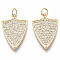 Brass Micro Pave Cubic Zirconia Pendants, Nickel Free, Shield, Clear, Real 18K Gold Plated, 23x15.5x2mm, Hole: 4mm