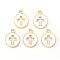 Light Gold Plated Alloy Enamel Pendants, Flated Round with Cross, White, 15x12x1.5mm, Hole: 1.6mm