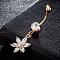 Brass Cubic Zirconia Navel Ring, Belly Rings, with 304 Stainless Steel Bar, Cadmium Free & Lead Free, Real 18K Gold Plated, Flower, Clear, 43x14mm, Bar: 15 Gauge(1.5mm), Bar Length: 3/8
