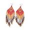 Glass Seed Braided Rhombus with Tassel Chandelier Earrings, Bohemian Brass Wire Wrap Drop Earrings for Women, Crimson, 90mm, Pin: 0.6mm