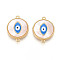 Brass Pave Natural Shell Flat Round Connector Charms, Cadmium Free & Nickel Free & Lead Free, Dodger Blue Enamel Evil Eye Links, Real 18K Gold Plated, 15x19.5x3mm, Hole: 1.2mm