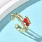 Brass Micro Pave Clear Cubic Zirconia Enamel Adjustable Cuff Rings for Women, Cherry, Golden, 10mm, Inner Diameter: Adjustable