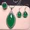 925 Sterling Silver Micro Pave Clear Cubic Zirconia with Natural Chalcedony Pendant Necklaces & Dangle Earrings & Rings Sets, Platinum, Horse Eye, Green, 400mm
