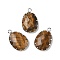 Natural Tiger Eye Pendants, Faceted Oval Charms with Brass & Iron Findings, Platinum, 26x17x5~6mm, Hole: 4.5mm