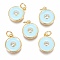 Brass Micro Pave Clear Cubic Zirconia Charms, Long-Lasting Plated, with Enamel & Jump Rings, Flat Round, Real 18K Gold Plated, Light Sky Blue, 13.2x11x2.7mm, Hole: 3mm, Jump Ring: 5x0.8mm