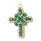 Glass Seed Beaded Cross Pendants, with Glass & 304 Stainless Steel Jump Rings, Real 18K Gold Plated, Green, 32.5x26x4.5mm, Hole: 3mm