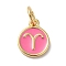 Real 18K Gold Plated Brass Enamel Charms, with Jump Ring, Long-Lasting Plated, Lead Free & Cadmium Free, Flat Round with Aries Charms, Pearl Pink, 10x8x1mm, Hole: 4mm