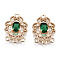 Brass Micro Pave Clear Cubic Zirconia Chandelier Component Links, with Glass, Light Gold, Long-Lasting Plated, Cadmium Free & Lead Free, Flower, Green, 18x12.5x3mm, Hole: 1.2mm