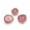 Natural Dyed Quartz Pendants, Solar Quartz, with Golden Plated Edge Brass Findings, Flat Round, Pale Violet Red, 25~42x22~23x4~6mm, Hole: 2.5mm