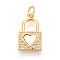 Brass Micro Pave Clear Cubic Zirconia Pendants, Cadmium Free & Lead Free, with Shell, Lock & Heart, with Jump Ring, Real 18K Gold Plated, 18x10x2mm, Hole: 3mm