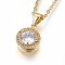 304 Stainless Steel Pendant Necklaces, with Cubic Zirconia, Clear, Flat Round, Golden, 17.71 inch(45cm)