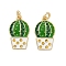 Brass Enamel Charms, Cactus Charms, with Jump Rings, Rack Plating, Real 18K Gold Plated, Lead Free & Cadmium Free, Long-Lasting Plated, Green, 15x9x2mm, Hole: 2mm