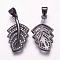Brass Micro Pave Cubic Zirconia Pendants, Leaf, Gunmetal, 23.5x13x2mm, Hole: 3x4.5mm