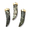Natural Unakite Horn Pendants, PVD Vacuum Plating 304 Stainless Steel Charms, Real 18K Gold Plated, 35x8x9.5mm, Hole: 1.6mm