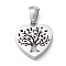 Non-Tarnish 304 Stainless Steel Pendants, Manual Polishing, Heart with Tree of Life, Stainless Steel Color, 15x14x4mm, Hole: 5mm