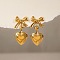 Bowknot with Heart 304 Stainless Steel Dangle Stud Earrings, Real 18K Gold Plated, 43x22mm