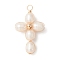 Natural Freshwater Pearl Copper Wire Wrapped Pendants, Cross Charms with Brass Round Beads, Golden, Seashell Color, 36~42.5x20~24.5x7~7.5mm, Hole: 3~3.5mm