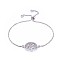 Adjustable Brass Slider Bracelets, Bolo Bracelets, with Brass Micro Pave Cubic Zirconia Links, Flat Round with Tree, Clear, Platinum, 11-1/4 inch(28.5cm)