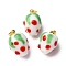 Handmade Lampwork Pendants, Strawberry, with Rack Plating Golden Tone Brass Findings, Long-Lasting Plated, White, 17.5~19.5x12~13mm, Hole: 4.5x3.5mm