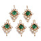 Brass Micro Pave Cubic Zirconia Links Connectors, with Glass, Long-Lasting Plated, Rhombus, Light Gold, Sea Green, 17x11x4mm, Hole: 1.2mm