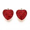 Ion Plating(IP) 201 Stainless Steel Charms, Heart, with Polymer Clay Rhinestone, Real 18K Gold Plated, Red, 15x13.5x5.5~6mm, Hole: 1.5~1.6mm