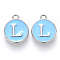 Platinum Plated Alloy Enamel Charms, Cadmium Free & Lead Free, Enamelled Sequins, Flat Round with Letter, Sky Blue, Letter.L, 14x12x2mm, Hole: 1.5mm