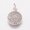 Brass Cubic Zirconia Charms, Flat Round, Platinum, 13x10x2.5mm, Hole: 3.5mm
