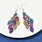430 Stainless Steel Leaf Dangle Earrings, with Iron Earring Hooks, Platinum, Indigo, 79mm