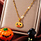 Stainless Steel Enamel Halloween Pumpkin Pendant Dapped Chain Necklaces, Golden, Black, 15.75 inch(40cm)