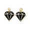 Brass Enamel Charms, Diamond Shape, Rack Plating, Long-Lasting Plated, Lead Free & Cadmium Free, with Jump Ring, Real 18K Gold Plated, Black, 12.5x10.5x2.5mm, Hole: 2mm