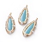 Electroplated Synthetic Turquoise Big Pendants, Dyed, with Brass Findings and Pearl Beads, Teardrop, 60.8x29x9mm, Hole: 8x5mm