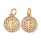 Brass Micro Pave Clear Cubic Zirconia Pendants, Cadmium Free & Nickel Free & Lead Free, Round with St Benedict Religious, with Jump Rings, Real 18K Gold Plated, 12x10x2mm, Ring: 5x0.8mm, Hole: 3mm