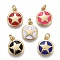 Brass Enamel Charms, with Jump Rings, Long-Lasting Plated, Real 18K Gold Plated, Flat Round with Star, Mixed Color, 13x11x2.5mm, Jump Rings: 5x1mm, Inner Diameter: 3mm