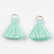 Polycotton(Polyester Cotton) Tassel Pendant Decorations, with Iron Findings, Light Gold, Aquamarine, 20~30x7~8mm, Hole: 5mm