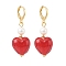 Red Glass Heart with Natural Pearl Dangle Leverback Earrings, Brass Long Drop Earrings for Women, Golden, 43mm, Pin: 1x0.8mm