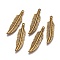 Tibetan Style Alloy Charms, Lead Free & Cadmium Free, Feather, Antique Golden, 42x10x2mm, Hole: 2mm