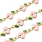 Ion Plating(IP) 304 Stainless Steel Enamel Cherry Link Chains, with Spool, Soldered, Golden, Pink, Link: 13x7.5x2.5mm and 4x2.5x0.38mm