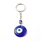 Flat Round with Evil Eye Lampwork Keychain, with Iron Split Key Rings, Blue, Platinum, 9.3cm