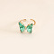 Butterfly Brass Glass Cuff Rings, Golden, Medium Aquamarine, Inner Diameter: Adjustable