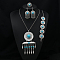 Flat Round Alloy with Resin Pendant Necklace & Stud Dangle Earring & Link Bracelet & Ring, Antique Silver, Dark Turquoise, 47x25mm & 540mm & 210~230mm & 25mm