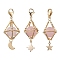 Natural Rose Quartz Brass Pendant Decorations, Diamond with Star & Moon, 48~52mm, 3pcs/set