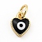 Rack Plating Brass Enamel Charms, with Jump Rings, Cadmium Free & Lead Free, Real 18K Gold Plated, Heart with Evil Eye, Black, 9x7x2.6mm, Hole: 3mm